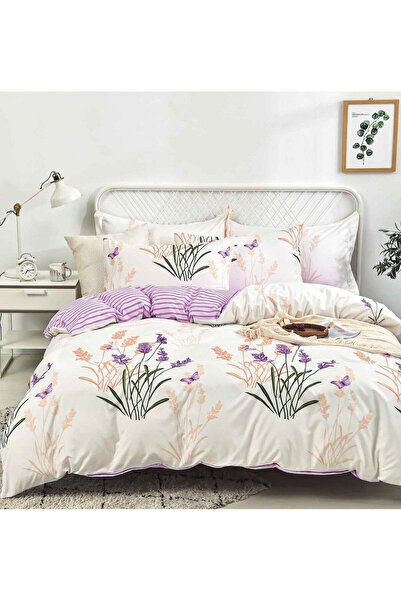 trendyhome Double Satin Cotton Bed Linen 4 Pieces – Floral Purple & Lilac, Cream