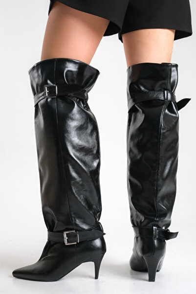 Ayakkabı Delisiyim Black Shiny Leather Women's Boots Mini Short Heeled Buckle Over-The-Knee Non-Slip Sole Fiona