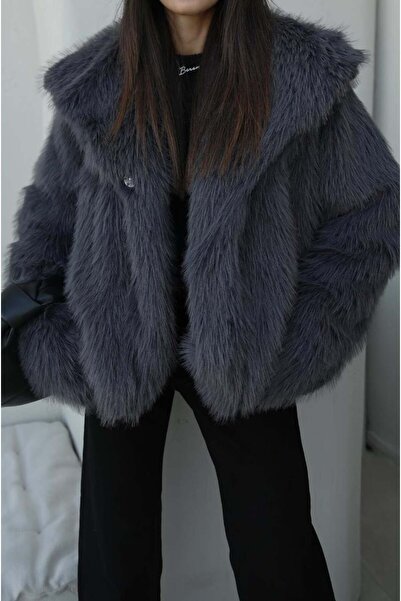 Stil Sepeti Women's Anthracite Premium Shawl Collar Artificial Faux Fur Coat ...