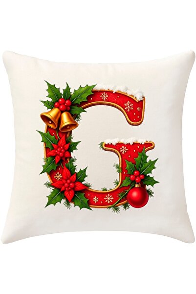 MİNOZA Digital Printed Red Letter g Decorative Throw Pillow Cover with Christmas Pine Decoration