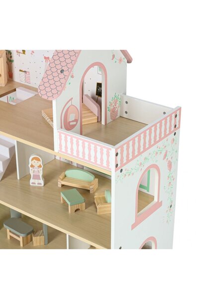 Ikonka Peonio Pink Wooden Dollhouse with LED, 5 Rooms & Balcony, Fully Furnished (26.5x61.5x70 cm)