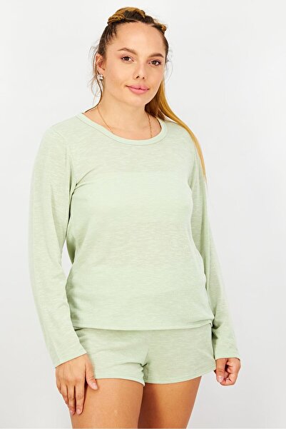 Bearpaw Women 2 Piece Set Long Sleeve Top With Pajama Shorts, Light Green