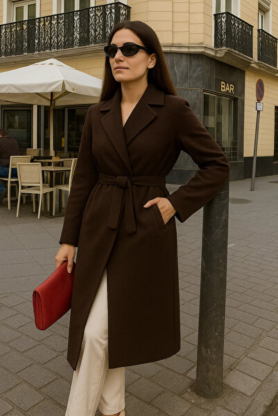 comstar Γυναικείο παλτό Comfort διπλό πέτο Trend καφέ μακρύ κασμίρ