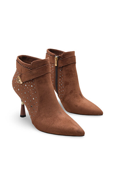 Women Lay-z Kadın Taba Süet, 9.5 Cm Topuk, Sivri Burun, Işıltılı Taş Detaylı Bantlı Şık Bot