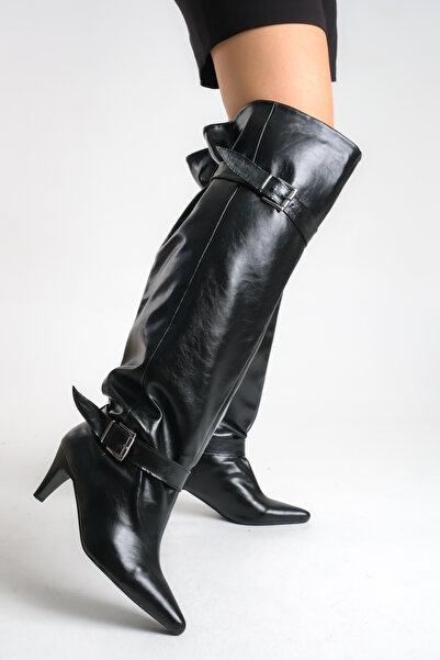 Ayakkabı Delisiyim Black Shiny Leather Women's Boots Mini Short Heeled Buckle Over-The-Knee Non-Slip Sole Fiona