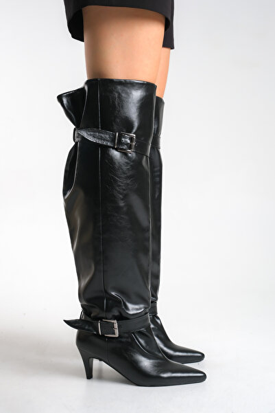 Ayakkabı Delisiyim Black Shiny Leather Women's Boots Mini Short Heeled Buckle Over-The-Knee Non-Slip Sole Fiona