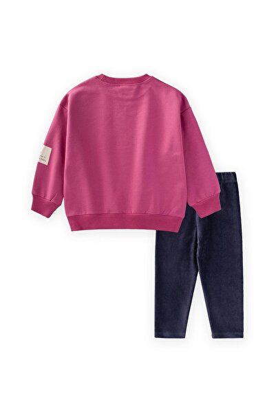 Cigit Velvet Tights Sweatshirt Set 2-10 Years Old Fuchsia