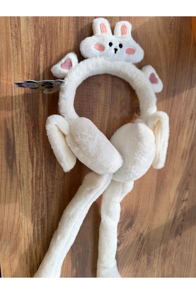 Blotch White Color Cute Paw Rabbit Detail Plush Plays Earphones with Figured Ears Playing a Game and Fluffy Sound