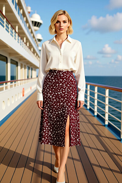 BENERLY Kadın Çiçek Desenli Yırtmaçlı Midi Dokuma Etek Yüksek Bel A Kesim %10...