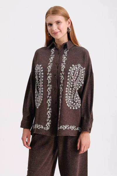 Hatun Atila Embroidered Hera Fabric Double Suit 7671 Brown