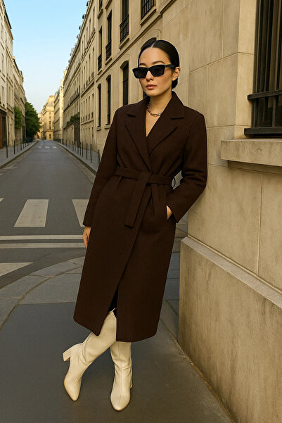 comstar Γυναικείο παλτό Trend Basic Long διπλό πέτο Brown Cashmere