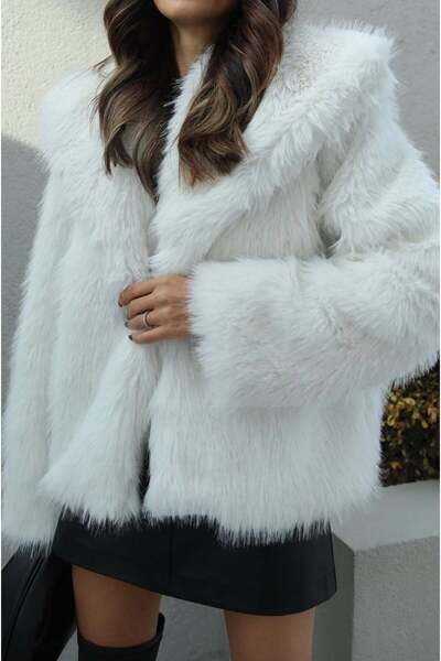 Stil Sepeti Women's White Premium Shawl Collar Artificial Faux Fur Coat Tll-2...