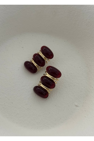 KİLİGİSTANBUL GOLD RENK BORDO REÇİNELİ RETRO KÜPE