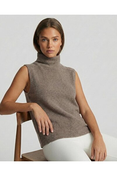 AMİDA Women's Sleeveless High Neck Brown Knit Sweater - 2534