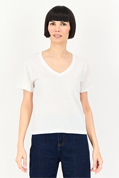 Brave Soul Women V-Neck Short Sleeve Plain T-Shirt, White