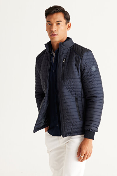 ALTINYILDIZ CLASSICS Navy Blue Standard Fit Regular Cut Mock Neck Patterned Coat