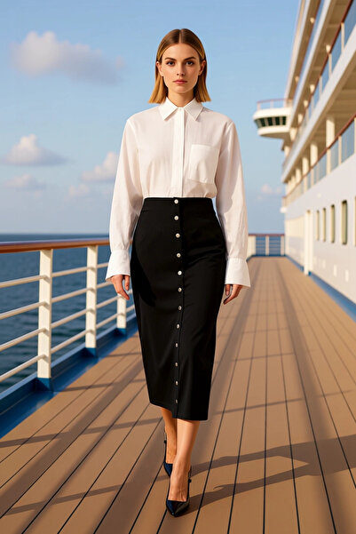 BENERLY تنورة نسائية مسطحة متوسطة الطول منسوجة بخصر مرتفع ومزينة بأزرار، عملي...