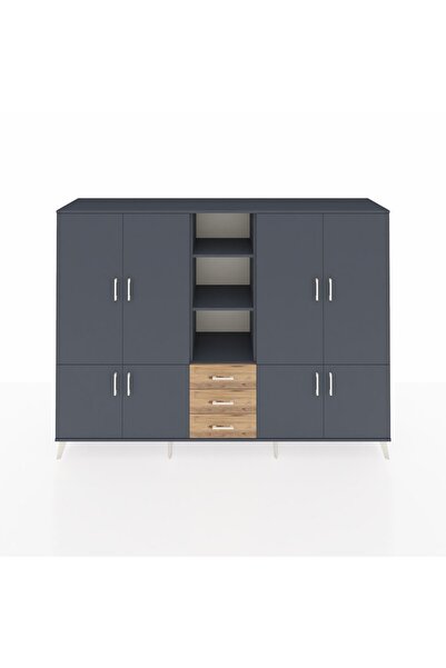 Dienni Hyperion Dolap 11 Raflı 3 Çekmeceli 8 Kapaklı 220x44x163 Antrasit-Antr...