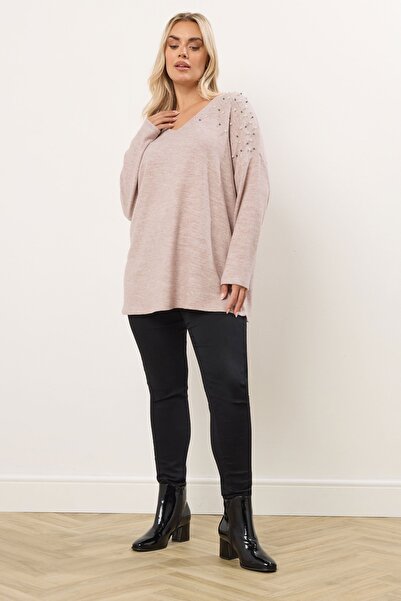 Stil Diva Plus Size V-Neck Long Sleeve Beaded Plush Sweatshirt 285055