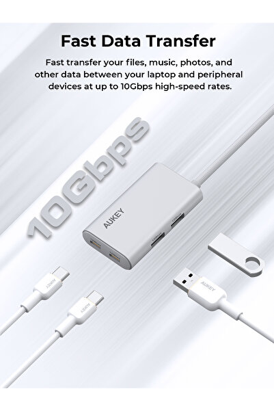 AUKEY OfficeDok 4-in-1 USB Hub Adapter 2xUSB-A, 2xUSB-C, 10Gbps Data Transfer, UH-CA01 Silver