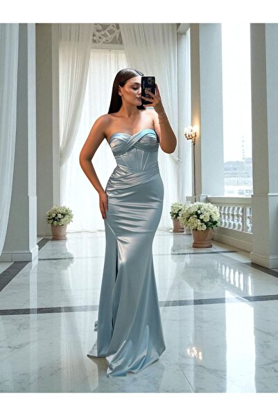 OLA Aura Korseli Balık Model Saten Straplez Bebe Mavisi Renk Abiye Elbise