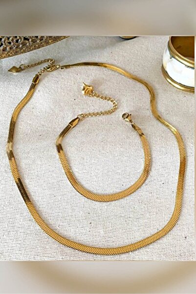 Si moda Kadın Paslanmaz Çelik Yılan Model Zincir Gold Renk Kolye ve Bileklik Set