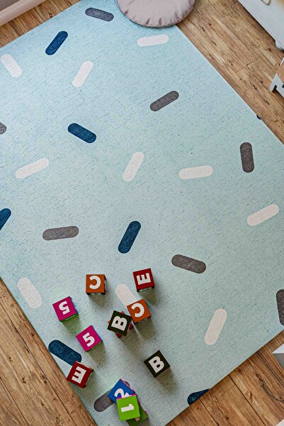 Oriente Home Figürlü Mavi Çocuk Halısı Anti-bakteriyel Kaymaz Taban Şönil Mak...