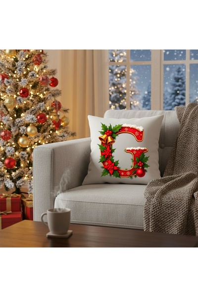 MİNOZA Digital Printed Red Letter g Decorative Throw Pillow Cover with Christmas Pine Decoration