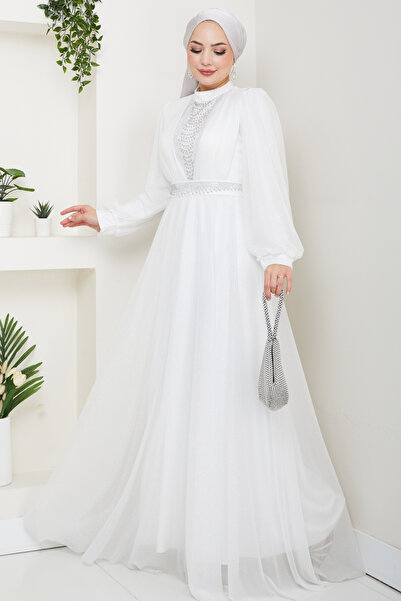 Feiza Collection Önü Piliseli Kemerli Abiye Elbise - EKRU