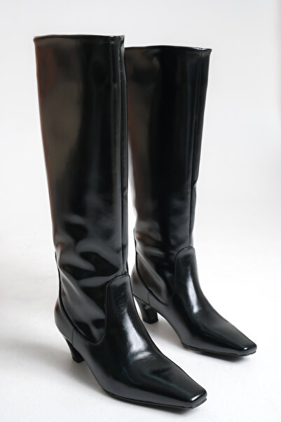Ayakkabı Delisiyim Siyah Parlak Deri Kadın Çizme Mini Kısa Kalın Topuklu Diz ...