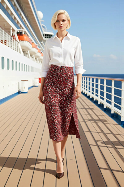 BENERLY Kadın Çiçek Desenli Yırtmaçlı Midi Dokuma Etek Yüksek Bel A Kesim %10...