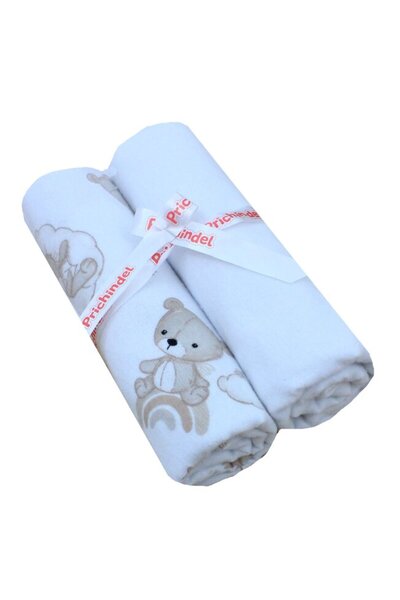 PRICHINDEL Set de 2 scutece din bumbac, Ursuleț pe nor, crem și alb, 80 x 70 cm