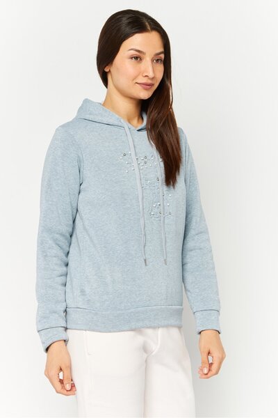 Buzz Women Hooded Embellished Long Sleeves Sweatshirt, Grey