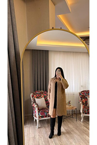 fatma keskin linna butik Women's Milk Coffee Belted Long Cardigan with Pockets