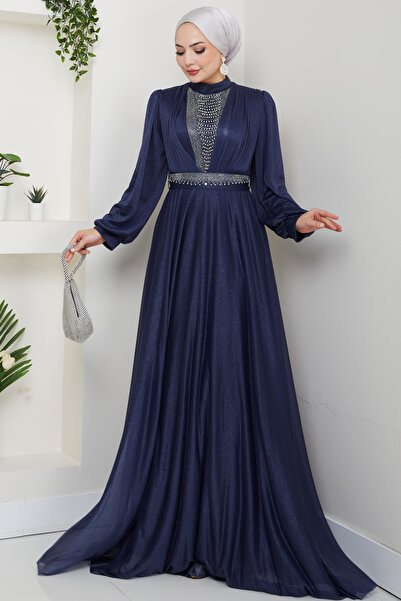 Feiza Collection Önü Piliseli Kemerli Abiye Elbise -LACİVERT