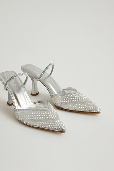 Beyond Women's Silver Transparent Pearl Stone Pointed Toe Evening Dress Shoes 8.5 cm Byndprs07