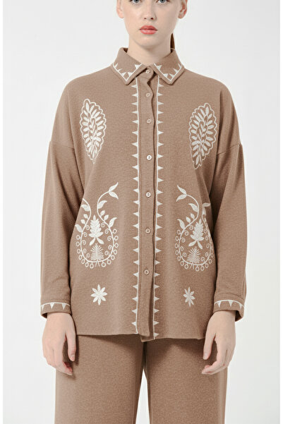 Hatun Atila Embroidered Hera Fabric Double Suit 8564 Light Brown