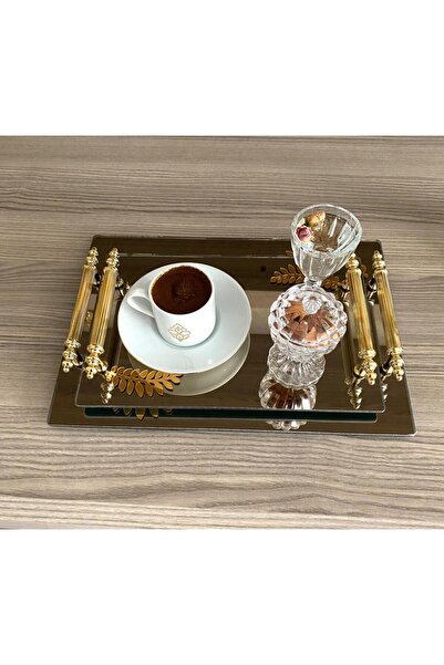 Mirsa Global صينية تقديم مزخرفة بنمط أوراق الشجر مع مرآة، صينية شاي، صينية شاي فاخرة