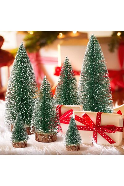 Generic 6 Pcs Mini Artificial Christmas Trees Bottle Brush Snow Frost Pine Wooden Base Tabletop Decoration