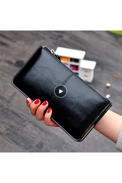 CRM Women's Leather Wallet with Zipper, Black, 21 x 11.5 cm