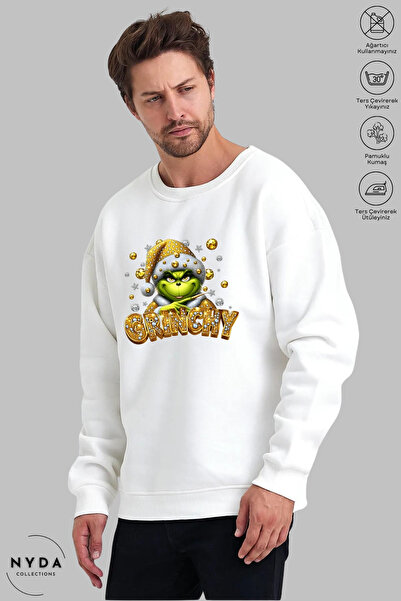 Nyda Collections Unisex Long Sleeve Grinchy Printed Crew Neck Hoodless Fleece-Lined Oversized Sweatshirt
