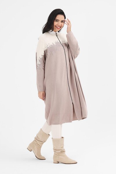 Uludağ Triko Women's Sand Ecru Printed Kepenek Poncho