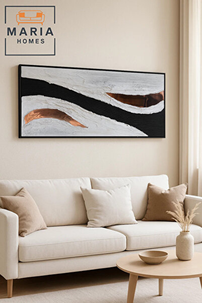 MARIA HOMES Black White and Copper Abstract Wall Art – Modern Textured Canvas for Living Room & Office-140*70CM