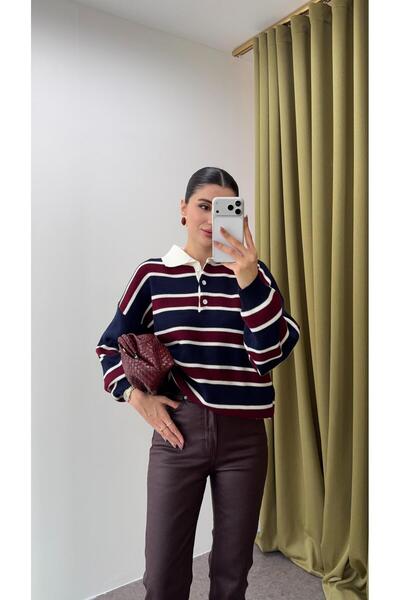 HAZELANNA Polo Neck Navy Blue Striped Sweater