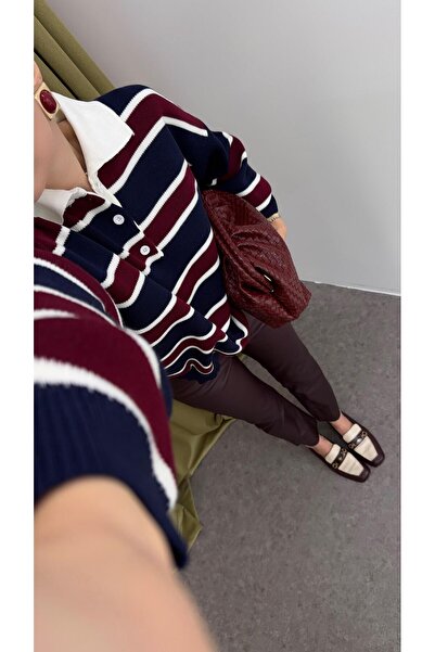 HAZELANNA Polo Neck Navy Blue Striped Sweater