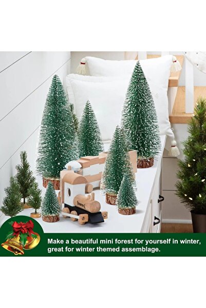 Generic 6 Pcs Mini Artificial Christmas Trees Bottle Brush Snow Frost Pine Wooden Base Tabletop Decoration