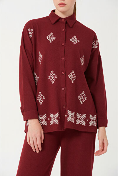 Hatun Atila Embroidered Hera Fabric Double Suit 7670 Burgundy