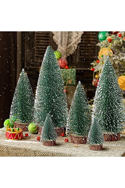 Generic 6 Pcs Mini Artificial Christmas Trees Bottle Brush Snow Frost Pine Wooden Base Tabletop Decoration