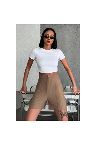 byhodi High Waist Crepe Stretchy Striped Shorts Beige, Offering Elegance and Elegance Together