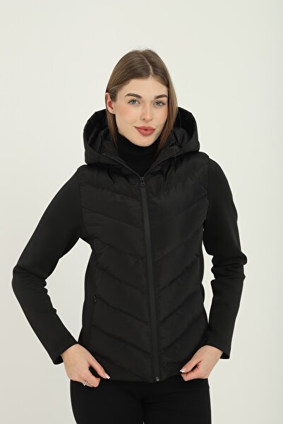mmetalic Women's Black Hooded Pocket Casual Thermal Contrast Puffer Coat